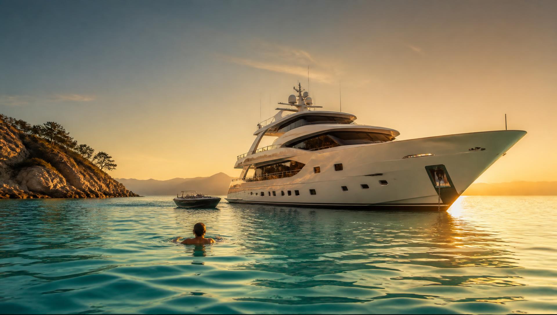 A superyacht anchored in a turquoise bay at golden hour